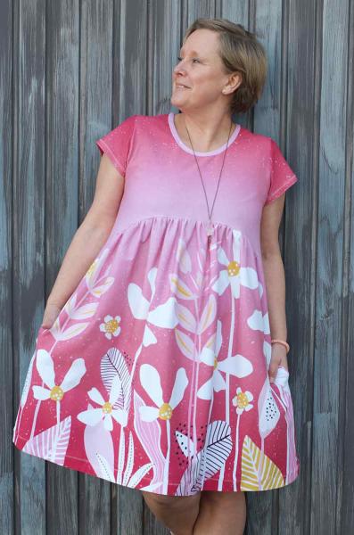 Baumwoll Jersey Bordürendruck Rosa/Pink mit Blüten von Blaubeerstern